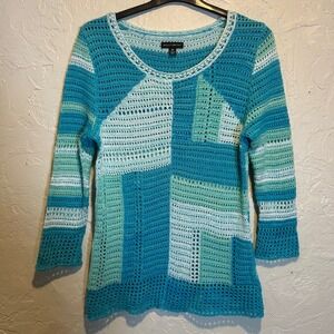 Willi Smith Women Teal Blue Crochet Knit Pullover Sweater Top Size M